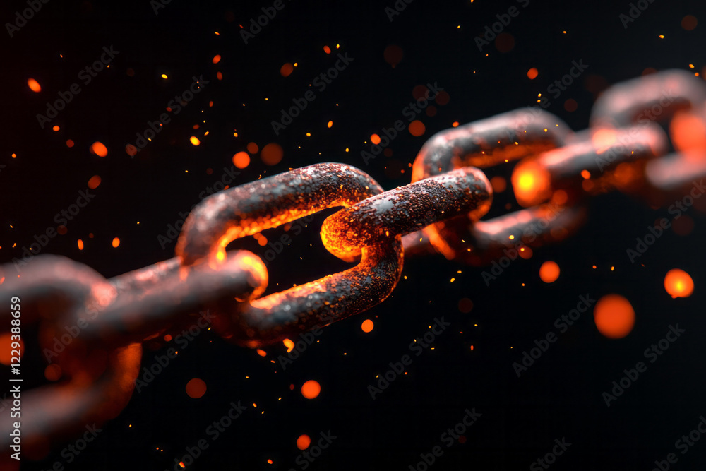 Poster a creative depiction of a rusted iron chain link snapping at its weakest point, representing the une