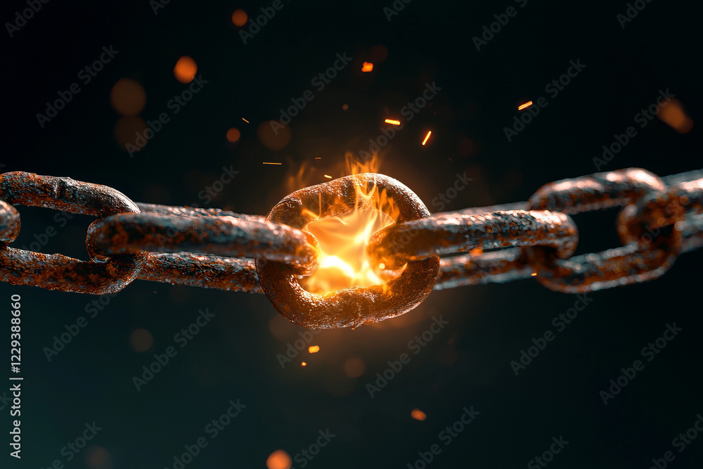 Poster a creative depiction of a rusted iron chain link snapping at its weakest point, representing the une