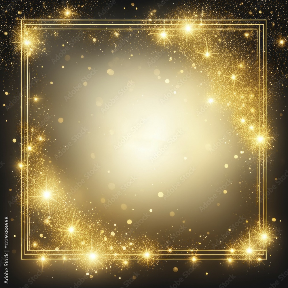 Poster golden square frame with sparkles and a gradient fade, creating a luminous effect on a black backgro