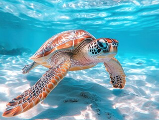 Obraz premium Majestic Sea Turtle Gliding Through Clear Tropical Waters, Underwater Scene Capturing Ocean Life in Vibrant Colors and Tranquil Atmosphere