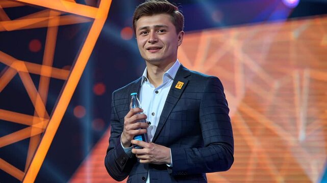 A young businessman fidgets backstage as he prepares to speak at a conference. The anxious expression on his face reflects the pressure of public speaking.