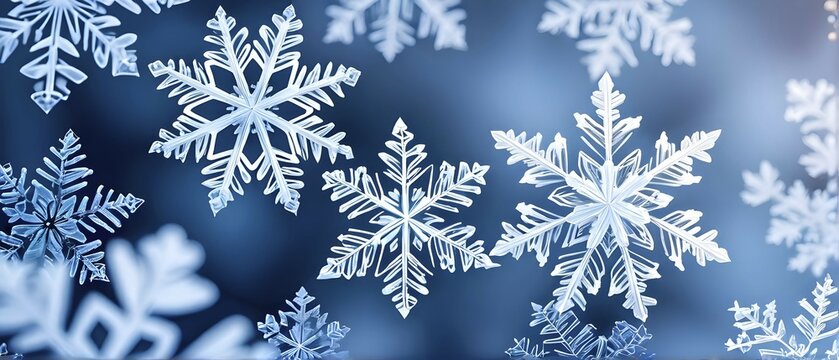 Abstract pattern of snowflakes in varying sizes and shapes in soft white and blue gradients, AI generated