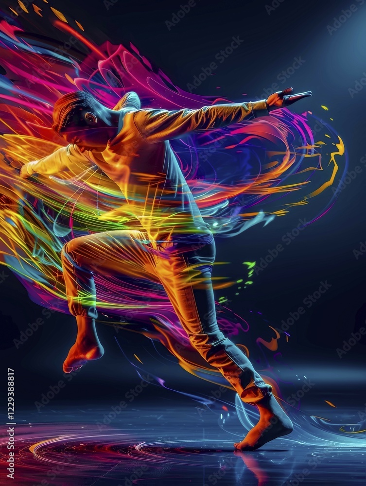 Poster dancer in an energetic pose with neon light trails creating a vibrant and dynamic pattern against a 