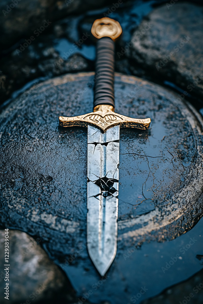 Poster a close-up of a sword with a fractured blade placed on a battered shield, symbolizing the fragility 