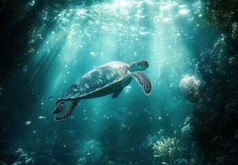 Fototapeta premium Majestic Sea Turtle Gliding Through Crystal Clear Ocean Water Surrounded by Vibrant Coral Reefs and Resplendent Marine Life Under Dazzling Sunlight