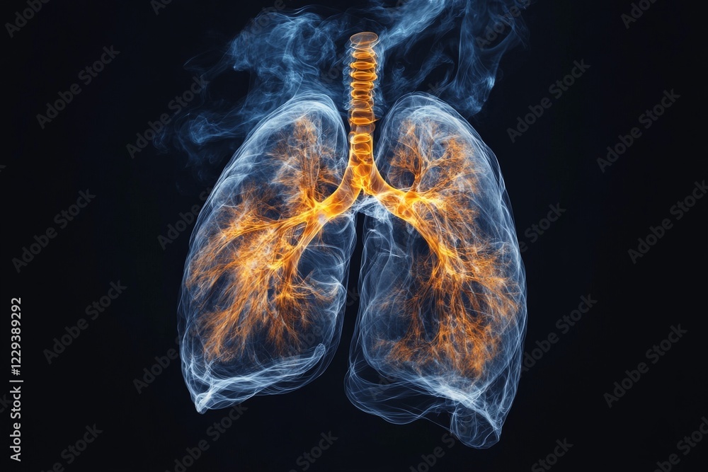 Aufkleber visualization of human lungs with glowing smoke representation of airways and structure