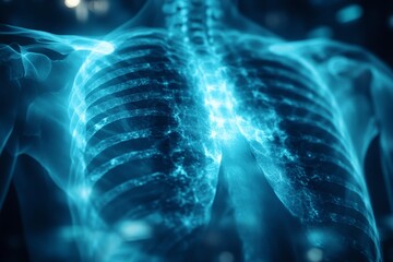 Detailed depiction of a human ribcage illuminated in blue tones showcasing anatomical structure and clarity