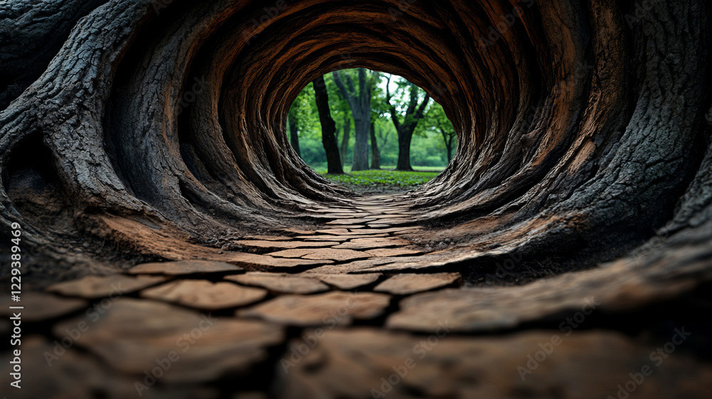 Poster a creative portrayal of an ancient tree trunk split down the middle, signifying the unavoidable brea
