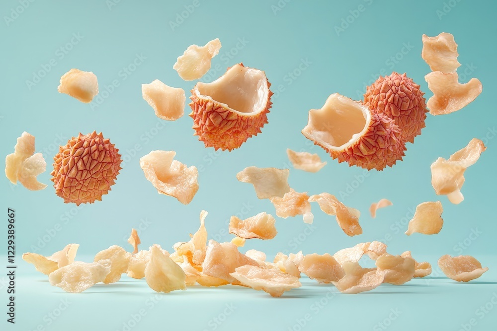 Aufkleber fresh lychee fruit and crispy chips create a lively arrangement against a soft blue background