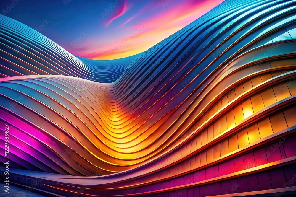 Poster gradient lighting enhances a 3d-rendered modern building design featuring abstract, curved wave form
