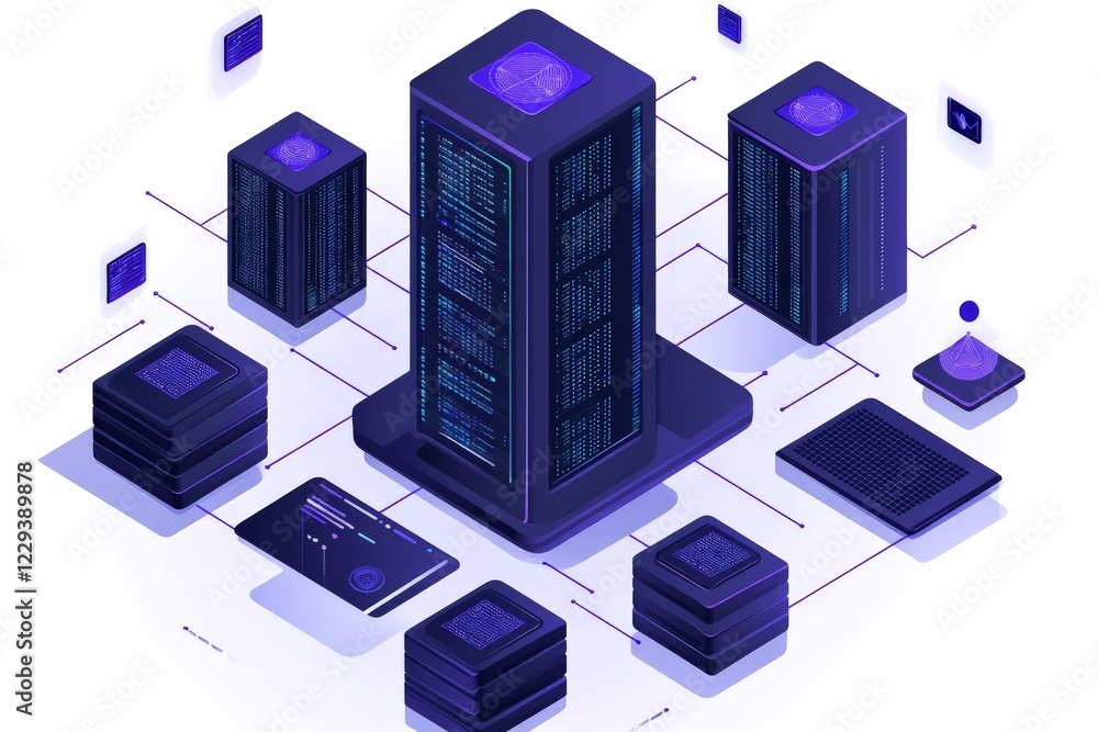 Poster modern data center with interconnected servers showcasing advanced technology and vibrant design