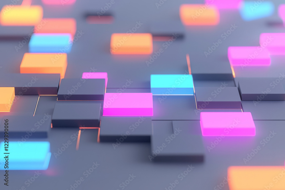 Poster A vibrant 3D rendering of neon-lit digital blocks arranged in a grid-like pattern, reflecting futuristic cyber aesthetics,