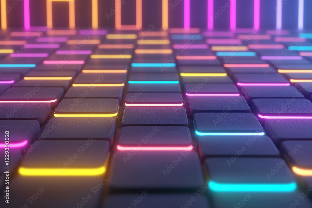 Poster A vibrant 3D rendering of neon-lit digital blocks arranged in a grid-like pattern, reflecting futuristic cyber aesthetics,