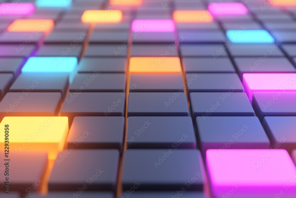 Poster A vibrant 3D rendering of neon-lit digital blocks arranged in a grid-like pattern, reflecting futuristic cyber aesthetics,