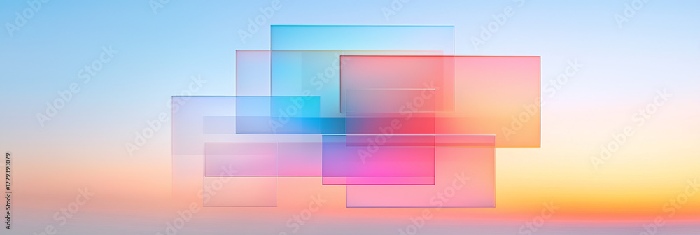 Poster a minimalist artwork depicting transparent, layered blocks in soft, ambient lighting, conveying a sl