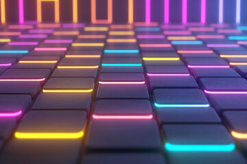 Obraz premium A vibrant 3D rendering of neon-lit digital blocks arranged in a grid-like pattern, reflecting futuristic cyber aesthetics,