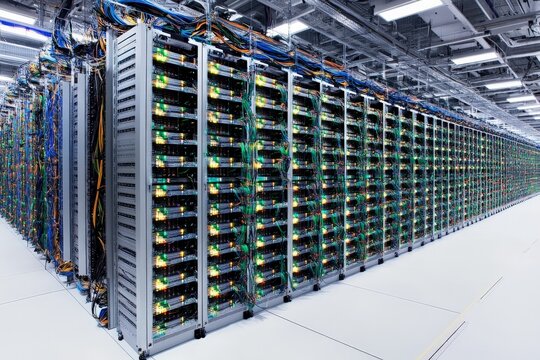 Advanced server room filled with network servers and cables in a high-tech data center environment - Powered by Adobe