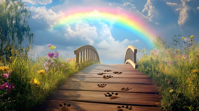 Rainbow bridge leading to the sky with paw prints along the path. picture