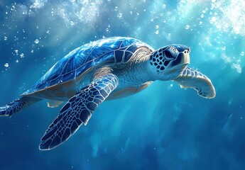 Obraz premium Majestic Sea Turtle Gliding Through Crystal Clear Ocean Waters Under Bright Sunlight in a Tranquil Underwater Environment