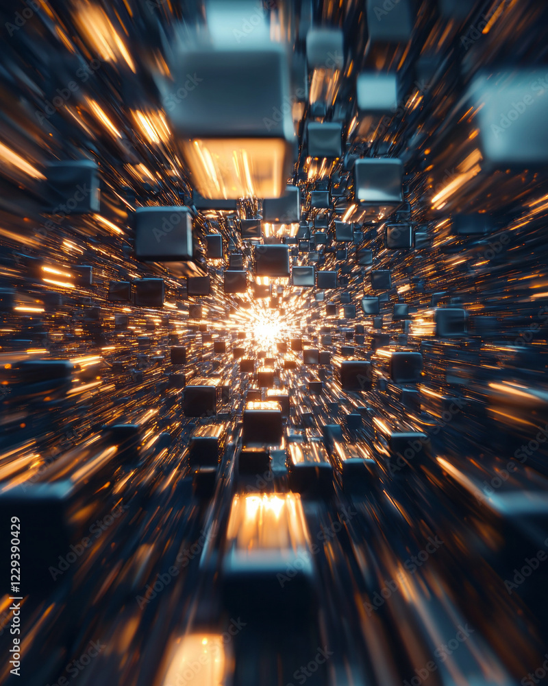 Poster a cinematic image where interconnected metallic cubes are suspended in midair, symbolizing cutting-e
