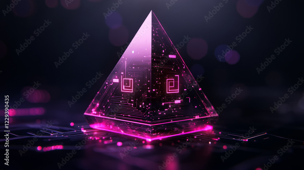 Poster An elegant, abstract composition showcasing a pyramid formation of translucent digital blocks with glowing circuit patterns,