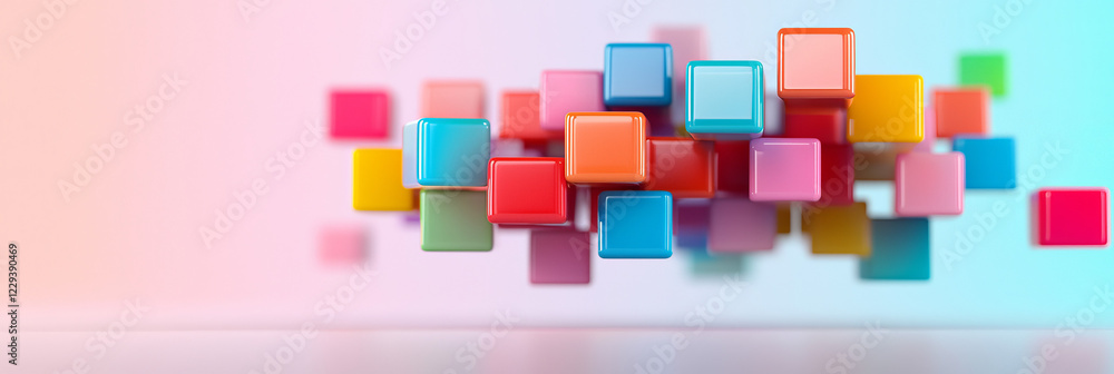 Poster A creative 3D model capturing reflective, multi-colored cubes arranged in shifting layers, suggesting complex data structures,