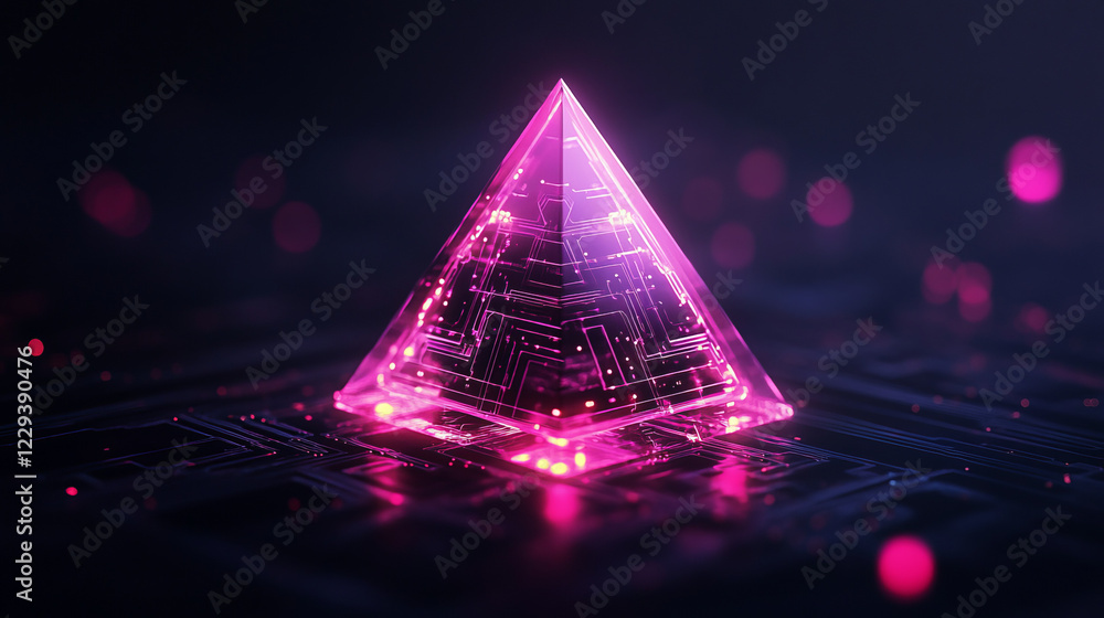 Poster An elegant, abstract composition showcasing a pyramid formation of translucent digital blocks with glowing circuit patterns,