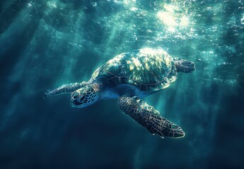Obraz premium Majestic Sea Turtle Gliding Through Crystal Clear Ocean Waters with Sunlight Filtering Through the Surface in a Serene Underwater Landscape