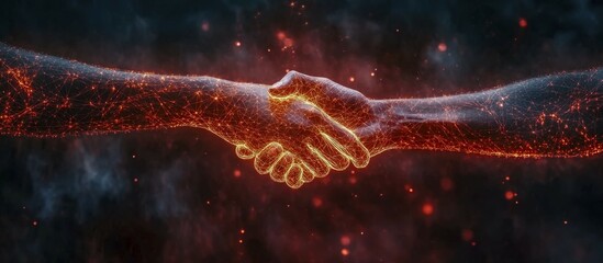 Two hands shaking with glowing particles, symbolizing digital connection, AI generated