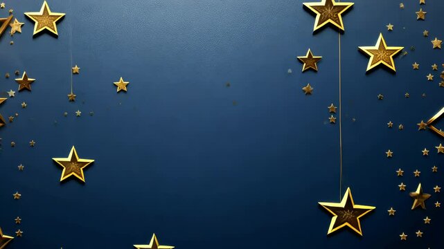 Gold stars and ribbons scattered on a dark blue background creating a luxurious and elegant atmosphere