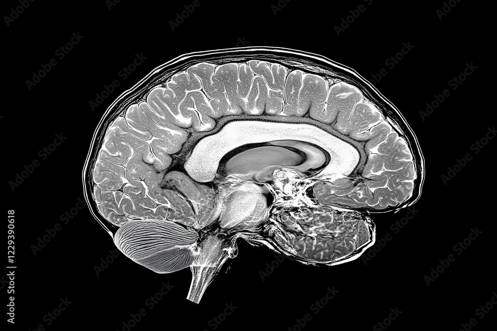 Poster detailed anatomical view of a human brain highlighting various regions and structures in a scientifi