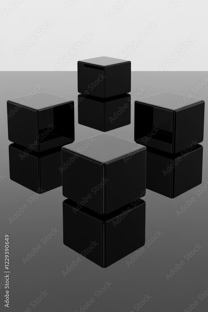 Aufkleber a minimalist black-and-white scene where glossy cubical forms are arranged in precise symmetry, symb