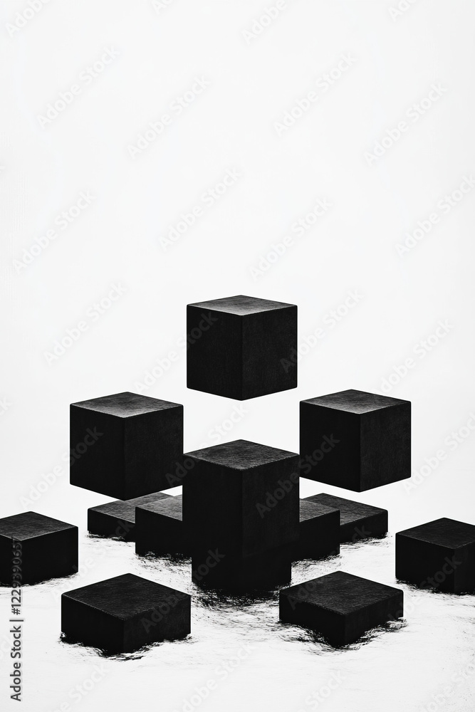 Poster A minimalist black-and-white scene where glossy cubical forms are arranged in precise symmetry, symbolizing modern data storage concepts,