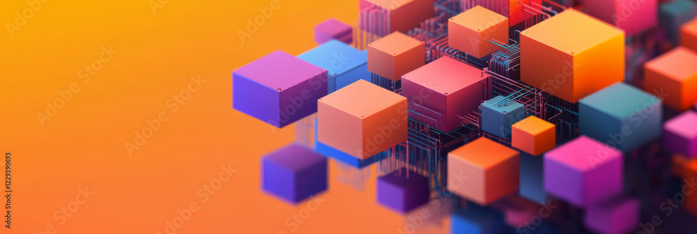 Poster a vibrant illustration of partially disassembled digital blocks revealing circuit-like interiors, il