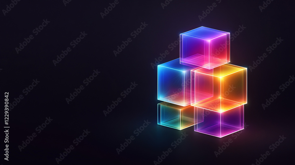 Poster A layered graphic design combining isometric cubes with soft neon glows, conveying the notion of futuristic blocks in motion,