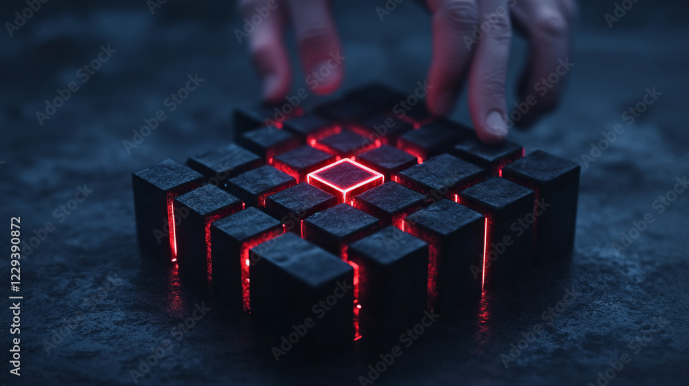 Fototapete a cinematic still frame of mechanical cubes connecting to form a large structure, each block radiati