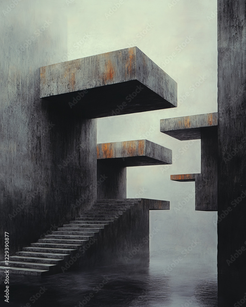 Aufkleber a surreal environment with levitating, rotating blocks embedded with digital code, emphasizing the m