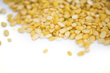 Dry organic Split Half Moong or Mung bean or green gram. Healthy spices, nuts, seeds, and herbal products