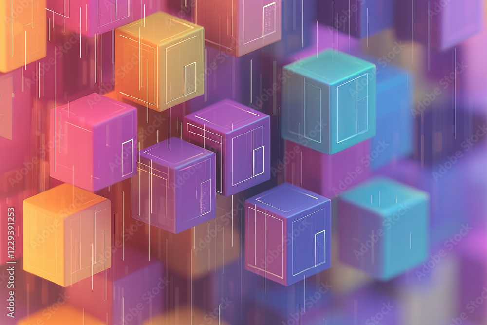 Poster a modern poster concept where multiple cubes stack in perspective, each side showcasing stylized dat