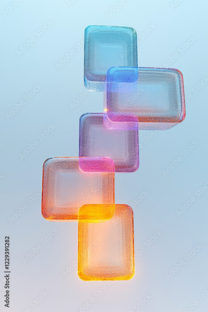Fototapete a conceptual presentation of interconnected translucent blocks with animated neon edges, signifying 