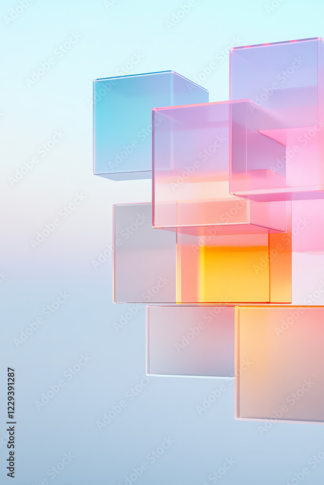 Poster A conceptual presentation of interconnected translucent blocks with animated neon edges, signifying advanced computing processes,