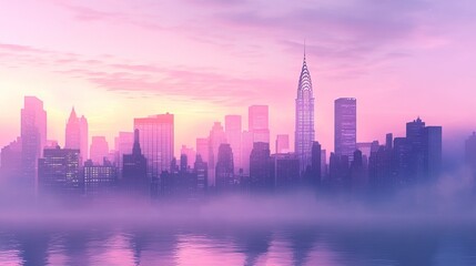 Fototapeta premium Pink foggy cityscape at sunrise with reflections.