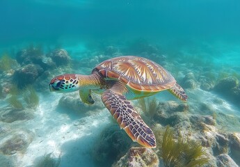 Obraz premium Majestic Sea Turtle Gliding Through Crystal Clear Waters of a Vibrant Coral Reef, Showcasing Nature's Beauty and Marine Life Resilience