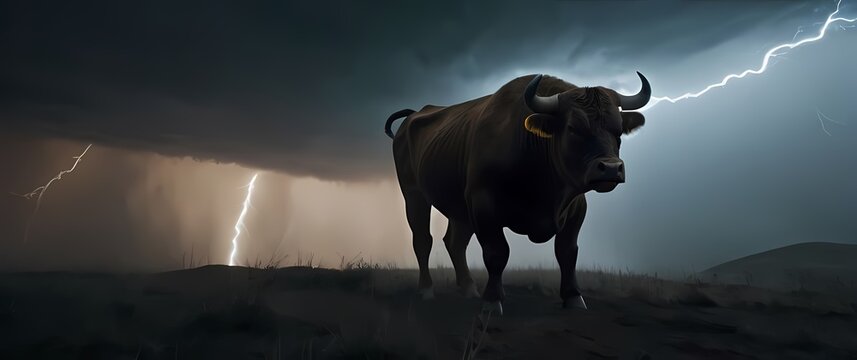 A powerful imagery of a bull standing defiantly as a storm brews in the background
