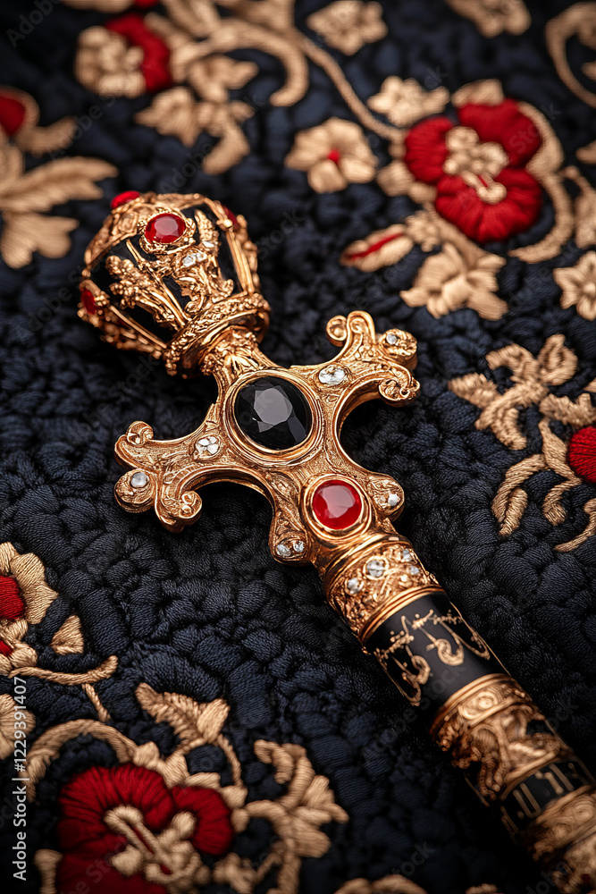 Poster a close-up macro shot of an emperorâ€™s ceremonial scepter resting on an embroidered cushion, focusi
