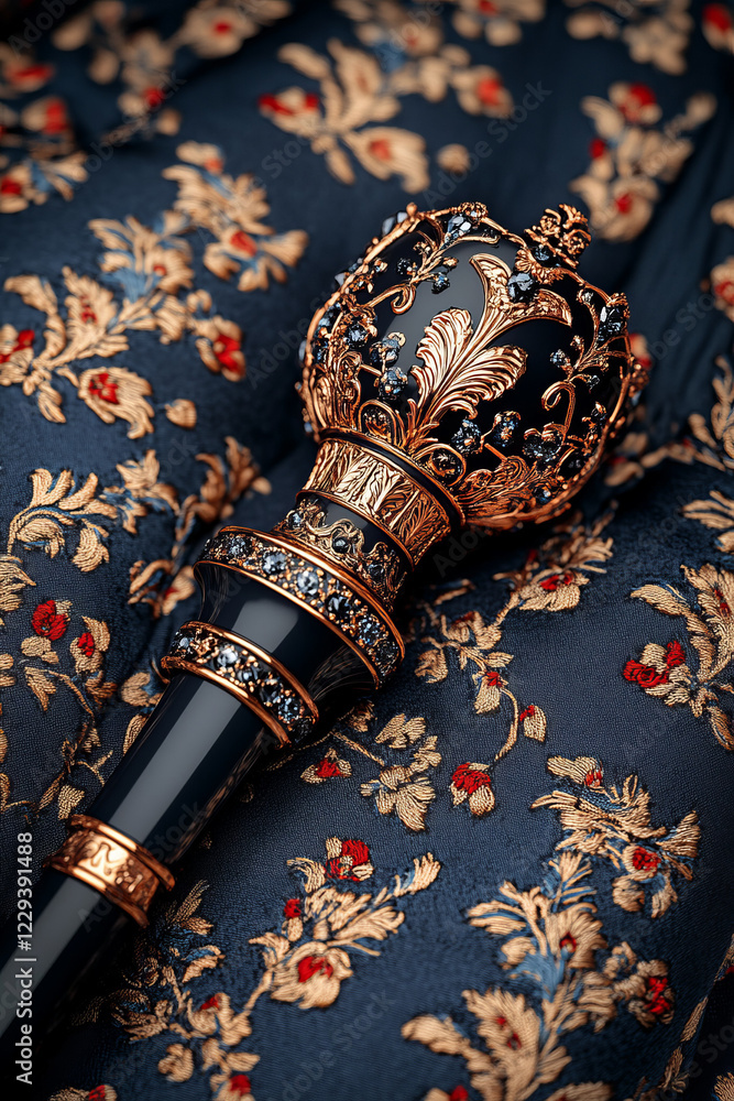 Poster a close-up macro shot of an emperorâ€™s ceremonial scepter resting on an embroidered cushion, focusi
