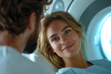 Couple shares a moment of connection and warmth during a medical consultation in a soft-lit hospital room