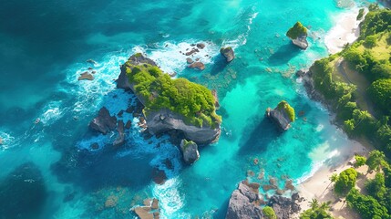 photo Aerial view of the rocky coast of Nusa with turquoise sea water hitting the coast of the Nusa Islands,