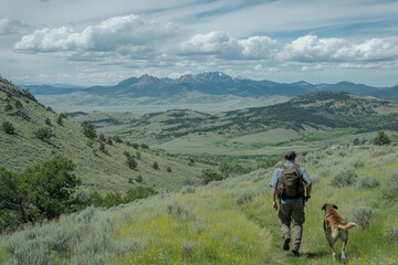 Hiker enjoys a scenic trail with a dog in a mountainous landscape under a cloudy sky