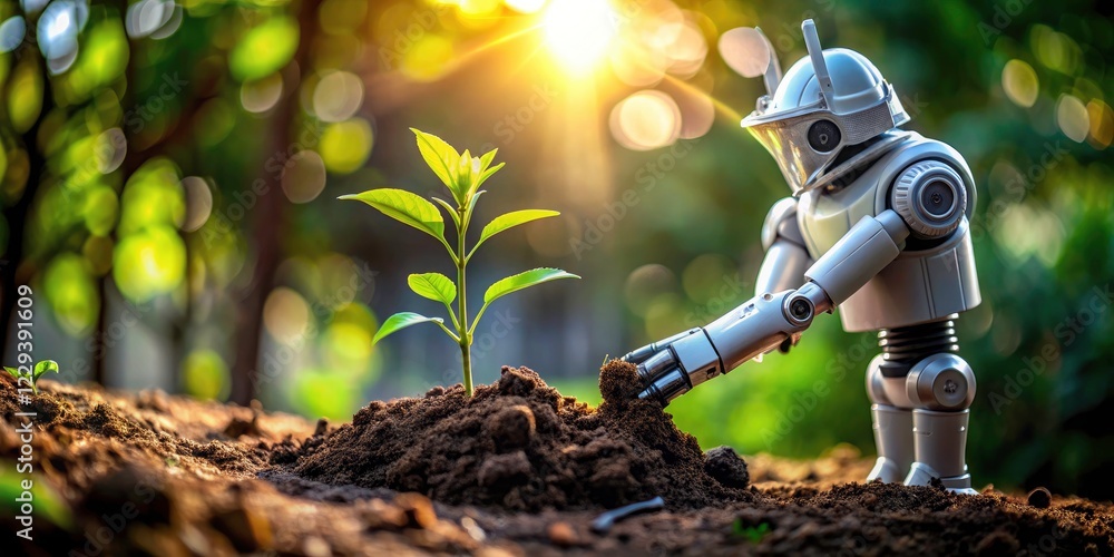 Poster high-depth-of-field ai image: a robot gardener plants a tree, symbolizing technological harmony with